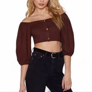 Nasty Gal Chocolate Brown Off the Shoulder Button Down Crop Top Size 8